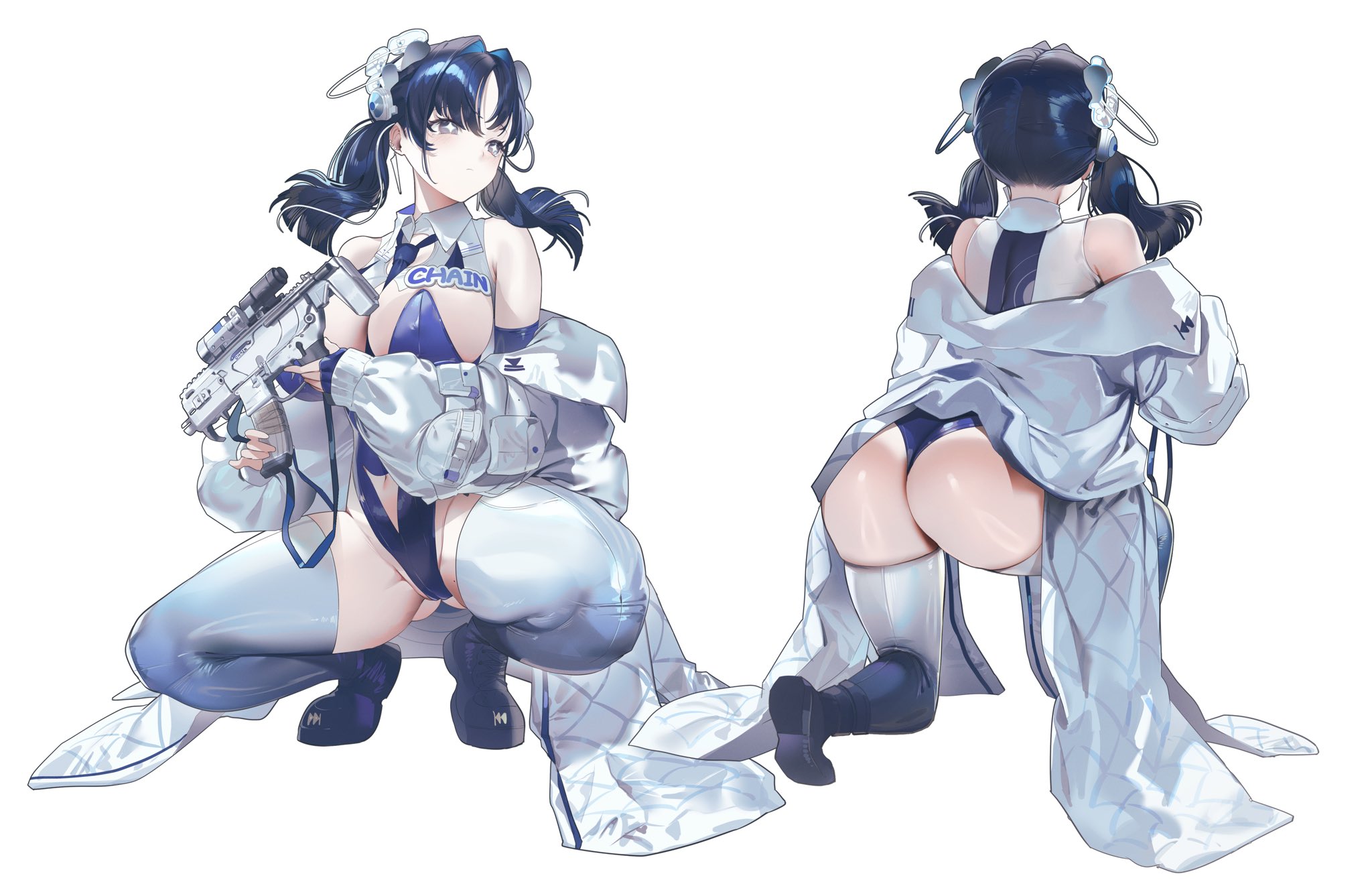 goddess of victory: nikke, original, highres, + +, 1girl, aen9kec, ass, bare shoulders, belt, blue hair, blue necktie, breasts, coat, detached collar, elbow gloves, fingerless gloves, from behind, full body, gloves, gradient clothes, grey eyes, huge breasts, meme, multiple views, necktie, nikke's shooting pose (meme), parody, simple background, sleeveless, spread legs, squatting, thick thighs, thighhighs, thighs, twintails, weapon