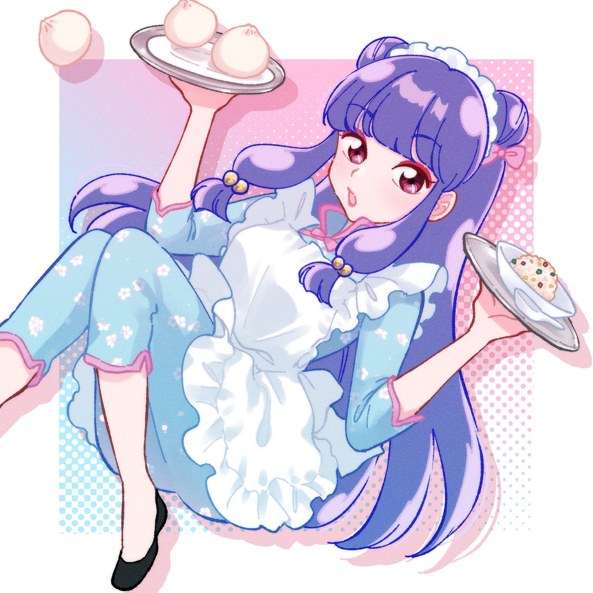 shampoo (ranma 1/2), ranma 1/2, absurdres, highres, 1girl, apron, bell, chinese clothes, double bun, dress, food, hair bell, hair bun, hair ornament, long hair, looking at viewer, purple hair, shoes, sidelocks, solo