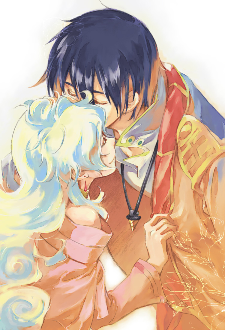 akutsu (yuumi), nia teppelin, simon (ttgl), tengen toppa gurren lagann, 00s, 1boy, 1girl, bare shoulders, blonde hair, blue hair, blush, closed eyes, closed mouth, clothes grab, coat, coat grab, core drill, couple, curly hair, dress, drill, gradient hair, happy, height difference, hetero, jewelry, kiss, long hair, long sleeves, multicolored hair, necklace, off-shoulder dress, off shoulder, open clothes, open coat, orange hair, pendant, pink dress, profile, short hair, simple background, smile, trench coat, upper body, white background