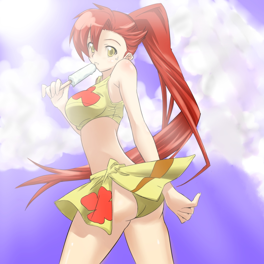 beautifulpeace, yoko littner, tengen toppa gurren lagann, 00s, 1girl, :p, ass, bikini, cloud, day, female focus, food, long hair, looking back, ponytail, popsicle, red hair, sarong, sky, solo, sweatdrop, swimsuit, tankini, tongue, tongue out, very long hair, yellow bikini, yellow eyes