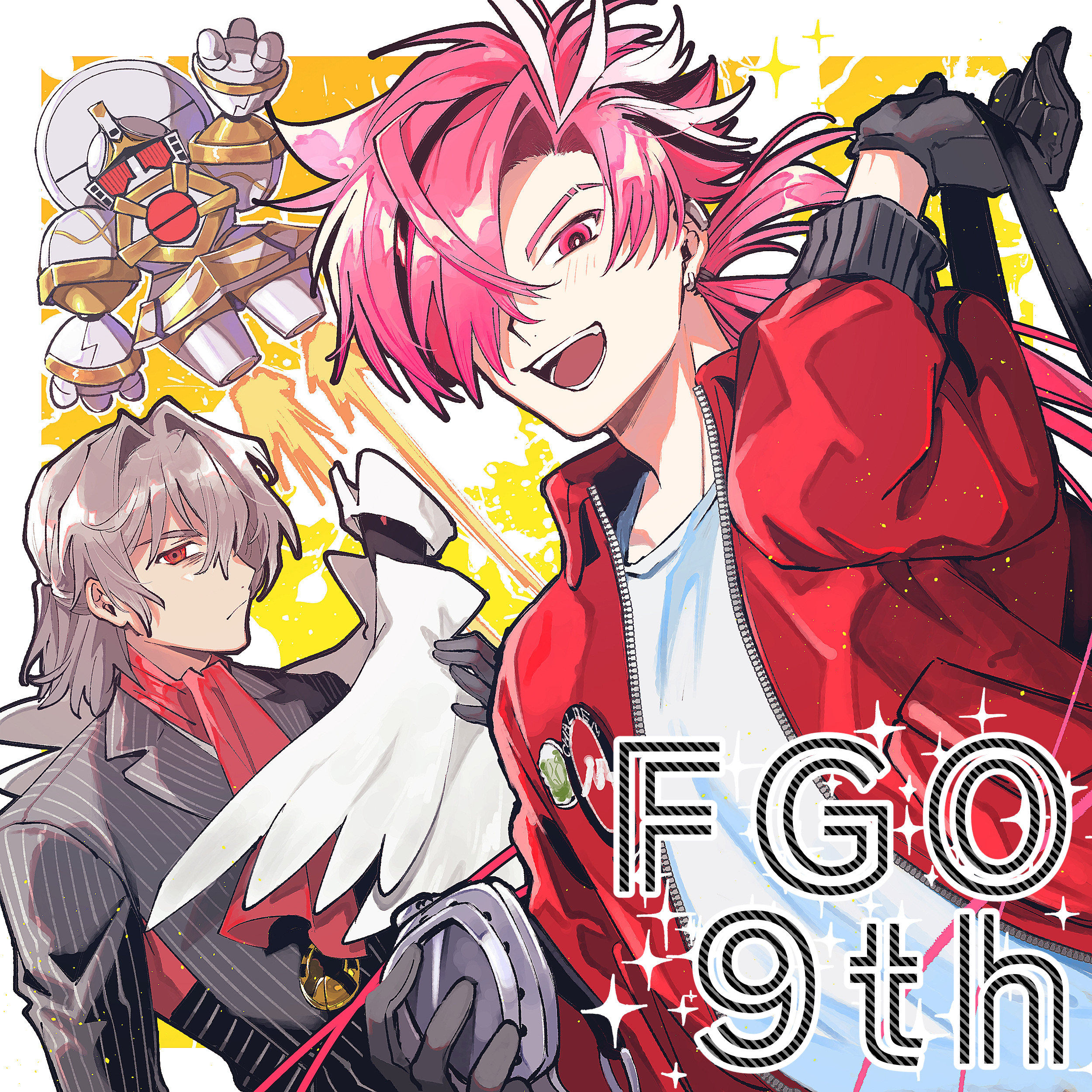 kimidorix32, antonio salieri (fate), antonio salieri (second ascension) (fate), takasugi shinsaku (fate), fate/grand order, fate (series), absurdres, character request, highres, 2boys, :d, anniversary, arm up, ascot, bag, bags under eyes, black gloves, black hair, black jacket, blush, border, closed mouth, copyright name, curtained hair, ear piercing, earrings, empty eyes, frown, gloves, goggles, grey hair, hair between eyes, hair intakes, hair over one eye, half updo, holding, holding bag, holding goggles, jacket, jewelry, lapels, long hair, long sleeves, looking at viewer, low ponytail, medallion, medium hair, multicolored hair, multiple boys, notched lapels, open clothes, open jacket, open mouth, outside border, piercing, pink eyes, pink hair, pinstripe jacket, pinstripe pattern, ponytail, red ascot, red eyes, red jacket, robot, shirt, smile, sparkle, streaked hair, striped clothes, striped jacket, the man in grey (fate), upper body, vertical-striped clothes, vertical-striped jacket, very long hair, white border, white hair, white shirt