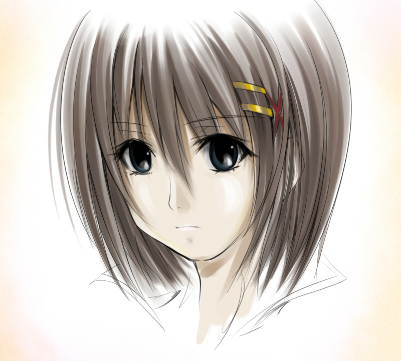 wagashi (okashina), yagami hayate, lyrical nanoha, mahou shoujo lyrical nanoha, mahou shoujo lyrical nanoha a's, mahou shoujo lyrical nanoha strikers, bad id, bad pixiv id, 00s, 1girl, brown hair, close-up, expressionless, female focus, food, hair ornament, parted lips, portrait, short hair, solo, teeth, upper body, wagashi, x hair ornament