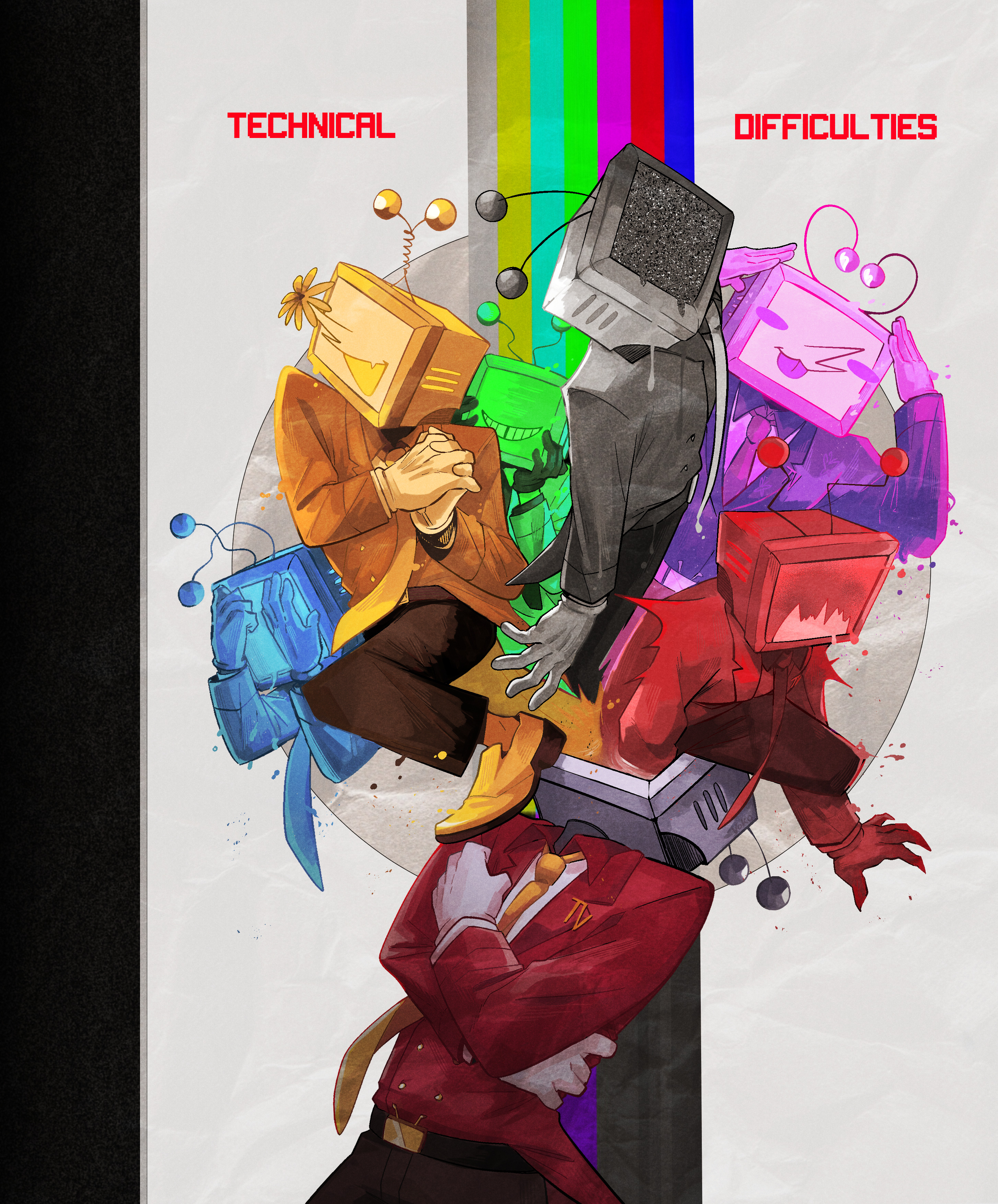 ant tenna, deltarune, utdr (toby fox), absurdres, commentary, english commentary, highres, 6+boys, belt, belt buckle, black belt, black pants, blush stickers, buckle, claws, closed mouth, collared shirt, crt, fang, flower, gloves, long nose, male focus, multiple boys, necktie, object head, open mouth, pants, pointy nose, radio antenna, shirt, smile, static, tailcoat, technical difficulties, test card, tongue, tongue out, vokoy, white background, white gloves, white shirt, yellow necktie