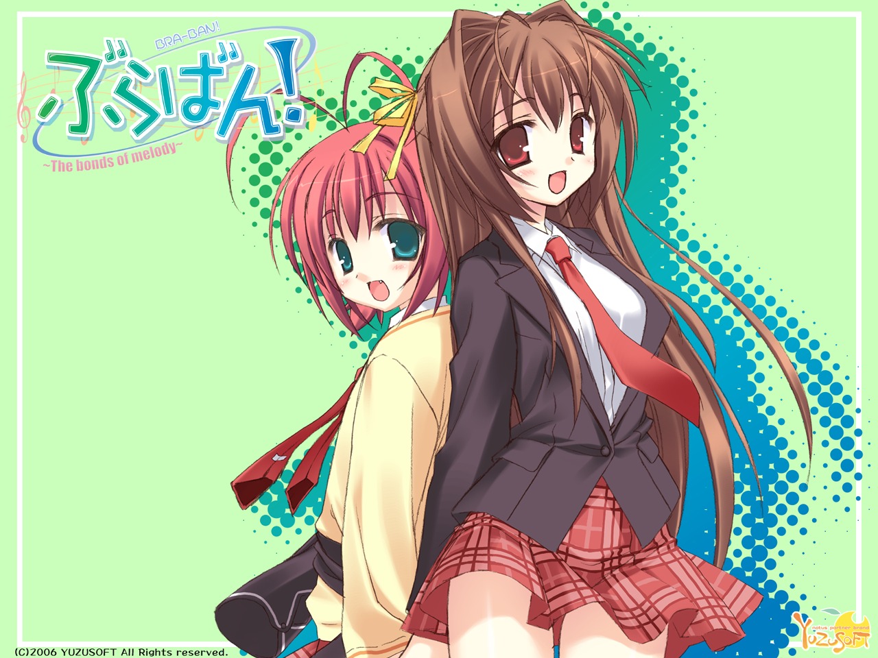 kobuichi, muririn, ebihara minase, nakanoshima tae, bra-ban!, 2girls, antenna hair, aqua eyes, back-to-back, blush, brown hair, fang, green background, hair ribbon, long hair, multiple girls, necktie, plaid clothes, plaid skirt, red eyes, red hair, ribbon, school uniform, serafuku, short hair, skirt