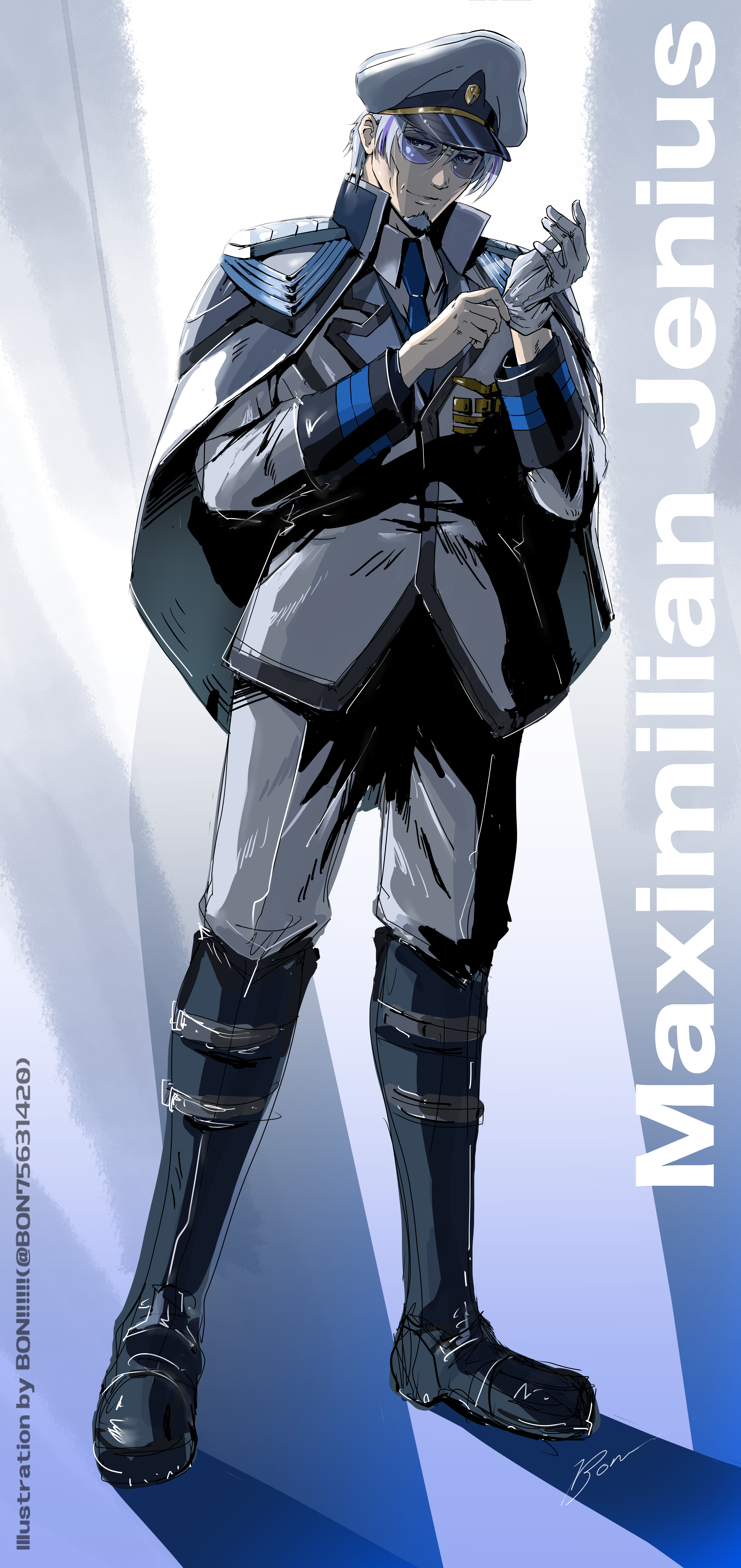 bon!!!!!!, maximilian jenius, macross, macross delta, macross delta: zettai live!!!!!!, absurdres, commentary request, highres, 1boy, adjusting clothes, adjusting gloves, blue hair, boots, capelet, character name, facial hair, glasses, gloves, goatee, hat, looking at viewer, military hat, military uniform, n.u.n.s., science fiction, signature
