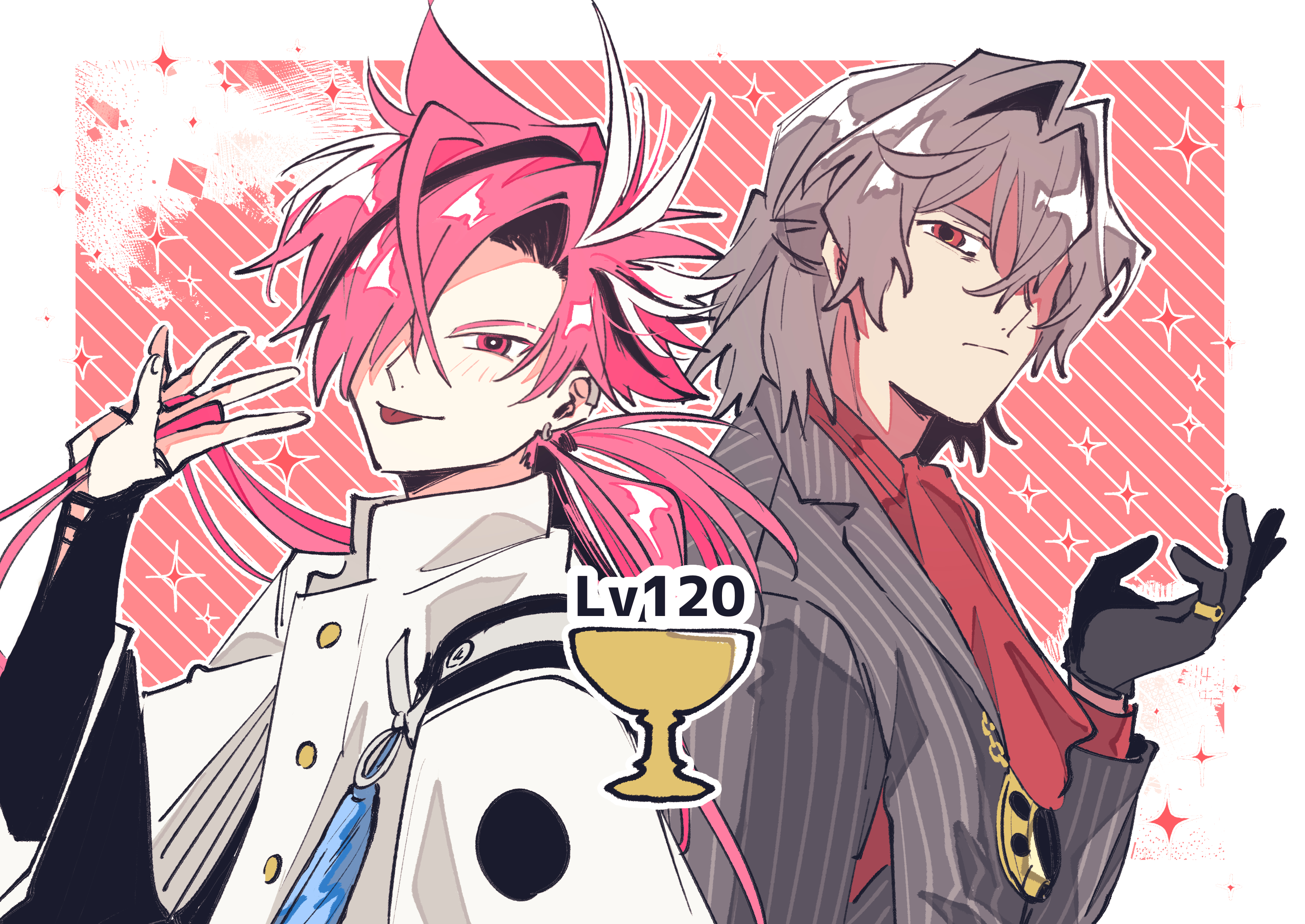 kimidorix32, antonio salieri (fate), antonio salieri (second ascension) (fate), takasugi shinsaku (fate), fate/grand order, fate (series), absurdres, highres, 2boys, :p, ascot, back-to-back, black gloves, black hair, border, closed mouth, curtained hair, ear piercing, earrings, frown, gloves, grey hair, grey jacket, hair between eyes, hair intakes, half updo, holy grail (fate), jacket, jewelry, lapels, long hair, long sleeves, looking at viewer, low ponytail, male focus, medallion, medium hair, multicolored hair, multiple boys, notched lapels, outline, outside border, piercing, pink hair, pinstripe jacket, pinstripe pattern, ponytail, red ascot, red eyes, smile, sparkle, streaked hair, striped clothes, striped jacket, tassel, tongue, tongue out, upper body, vertical-striped clothes, vertical-striped jacket, very long hair, white border, white hair, white outline