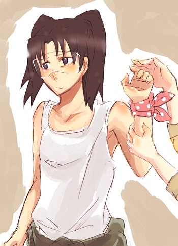 amasawa yuuko, dennou coil, beige background, looking away, lowres, 00s, 1girl, belt, blush, brown eyes, brown hair, collarbone, cowboy shot, looking afar, looking to the side, pants, polka dot, shirt, simple background, sleeveless, solo focus, white shirt, wrist cuffs