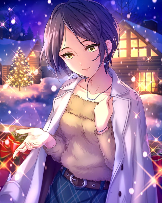 hayami kanade, idolmaster, idolmaster cinderella girls, official art, 1girl, belt, blue hair, building, card (medium), christmas tree, coat, coat on shoulders, earrings, forehead, fur trim, jewelry, log cabin, necklace, snow, snowing, solo, tree, window, yellow eyes