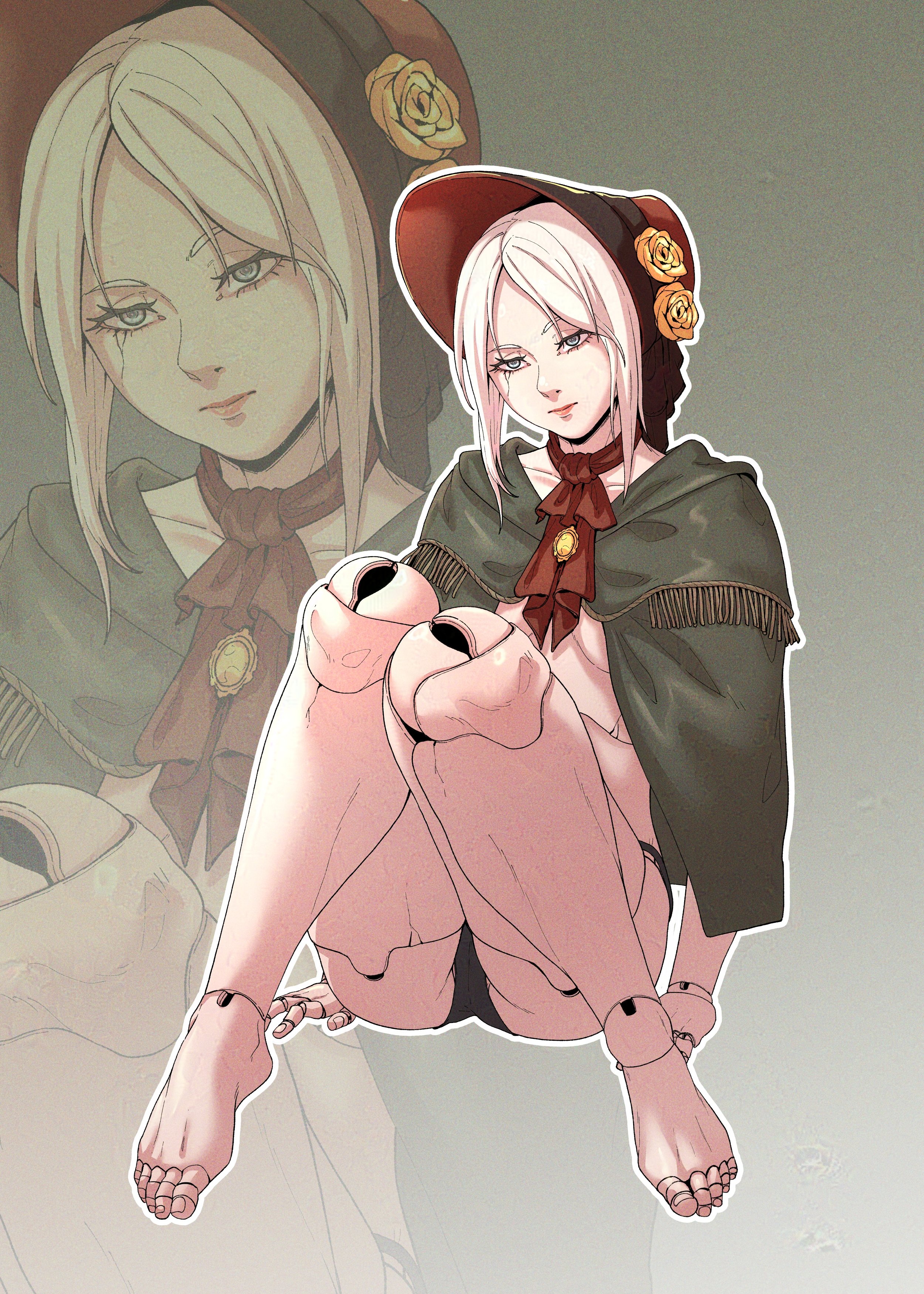 chuckuddin, plain doll, bloodborne, absurdres, highres, 1girl, barefoot, black panties, bonnet, border, breasts, capelet, closed mouth, collarbone, doll joints, expressionless, eyelashes, feet, film grain, forehead, full body, green capelet, grey background, grey eyes, hat, joints, knees together feet apart, knees up, legs, lips, looking at viewer, neckerchief, panties, parted bangs, partially visible vulva, red bonnet, red hat, red neckerchief, sidelocks, sitting, small breasts, solo, toenails, toes, underwear, white border, zoom layer