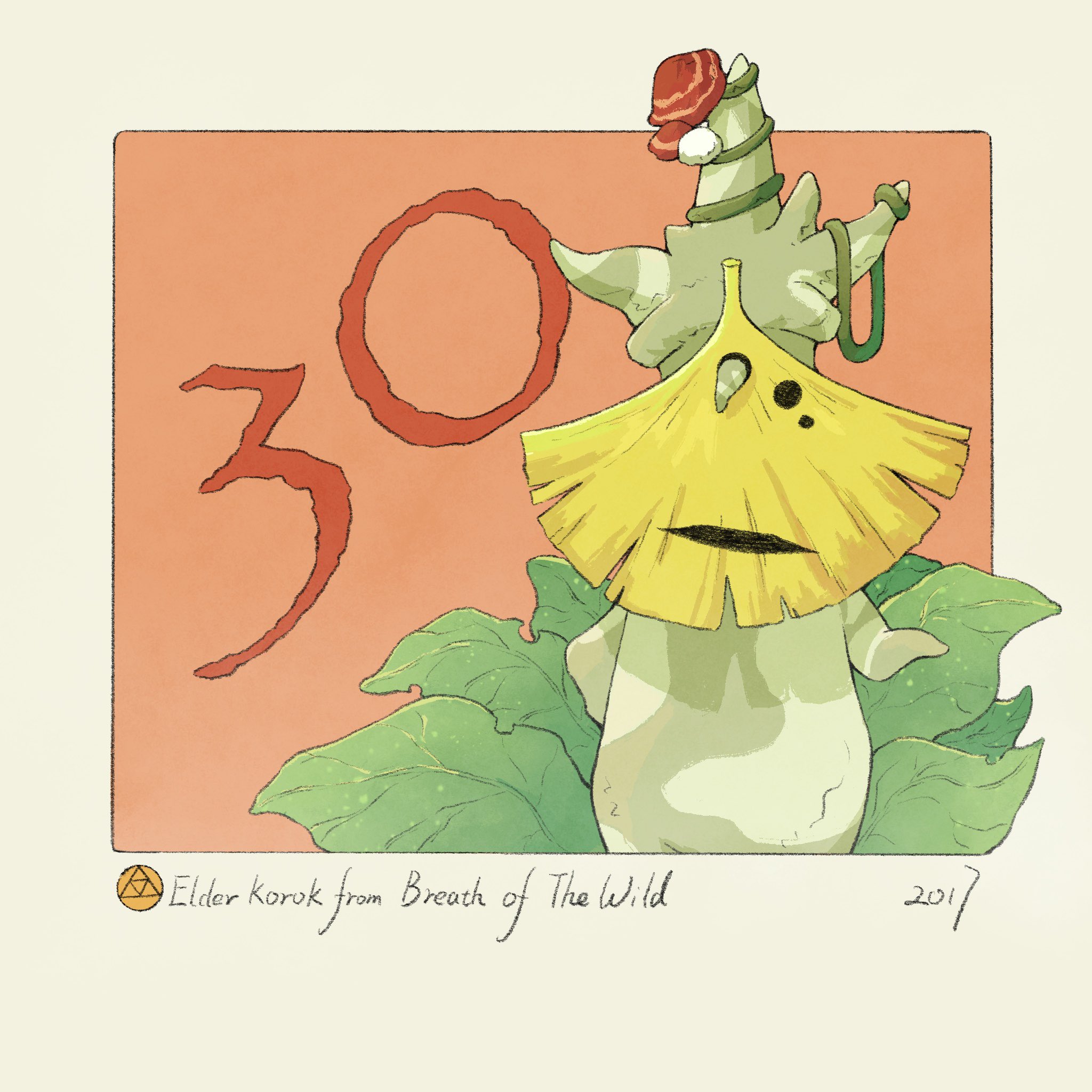yangyaozigo, korok, nintendo, the legend of zelda, the legend of zelda: breath of the wild, commentary, english commentary, highres, 1other, character name, copyright name, leaf, mask, no humans, other focus, red background, triforce