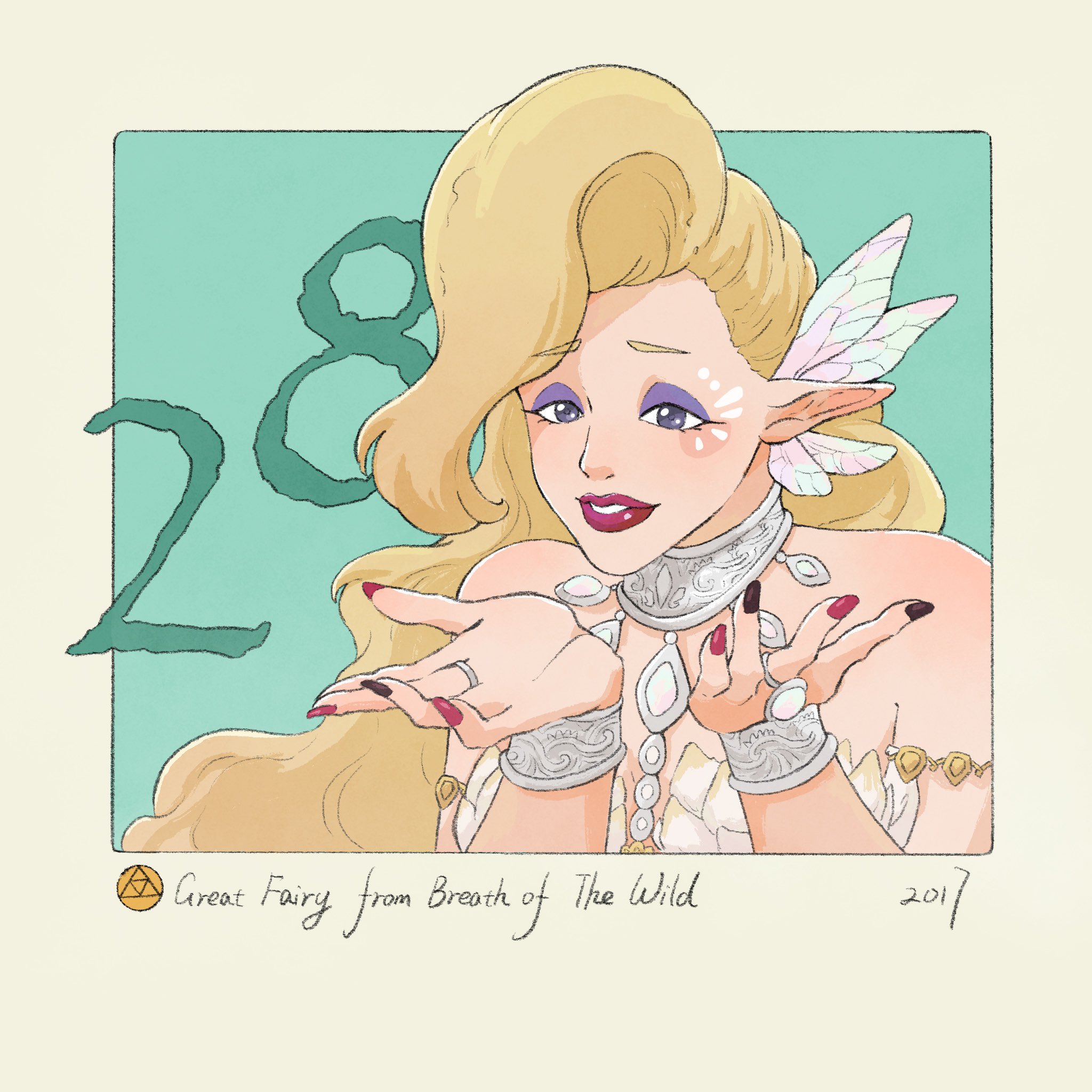yangyaozigo, great fairy (zelda), nintendo, the legend of zelda, the legend of zelda: breath of the wild, highres, 1girl, aqua background, black nails, blonde hair, bracelet, character name, copyright name, eyeliner, jewelry, lipstick, long hair, looking at viewer, makeup, nail polish, parted lips, pointy ears, red lips, red nails, solo, triforce, upper body