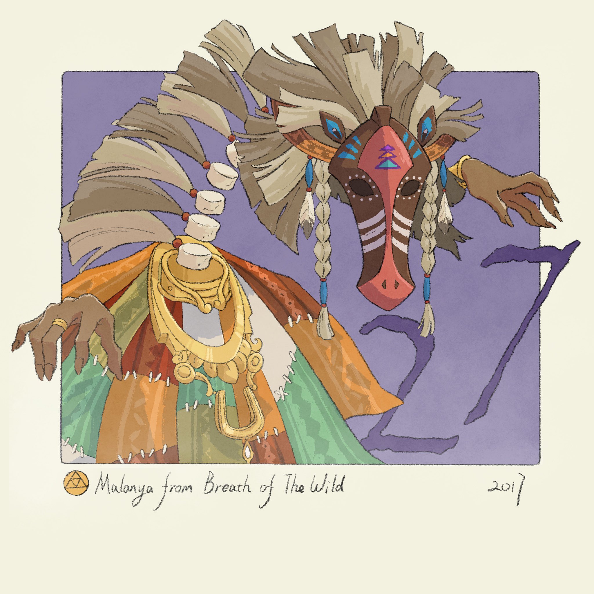 yangyaozigo, nintendo, the legend of zelda, the legend of zelda: breath of the wild, commentary, english commentary, highres, braided sidelocks, character name, copyright name, disembodied hand, disembodied head, jewelry, malanya (zelda), mask, purple background, ring, triforce