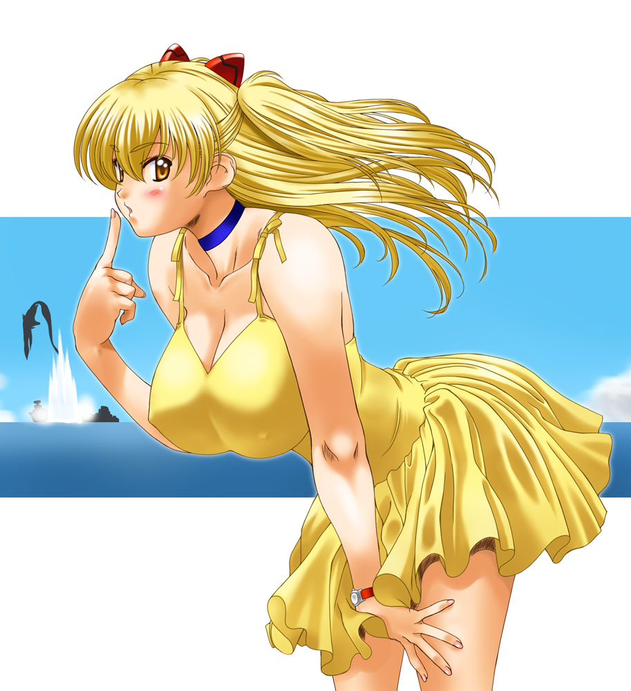 kamia (not found), gaghiel (evangelion), matsuoka kiyone, souryuu asuka langley, neon genesis evangelion, original, revision, 1girl, arched back, bent over, blonde hair, breasts, choker, cleavage, cosplay, covered erect nipples, cowboy shot, day, dress, female focus, fingernails, from side, hair between eyes, hand on own thigh, huge breasts, large breasts, long fingernails, long hair, outdoors, outside border, red eyes, skirt, solo, souryuu asuka langley (cosplay), splashing, standing, two side up, watch, wristwatch, yellow dress, yellow skirt