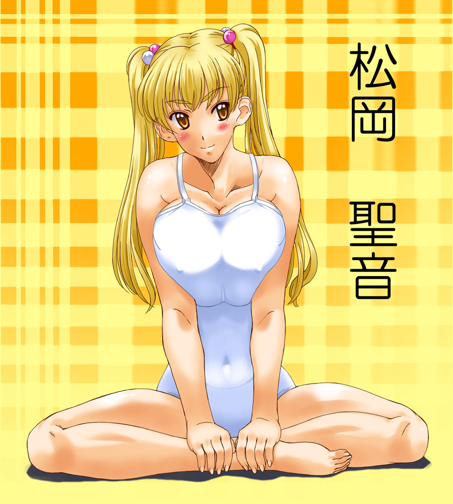kamia (not found), matsuoka kiyone, original, barefoot, blonde hair, breasts, breasts squeezed together, covered erect nipples, feet, full body, hands on feet, huge breasts, large breasts, long hair, one-piece swimsuit, plantar flexion, red eyes, solo, swimsuit, twintails, white one-piece swimsuit