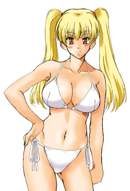 kamia (not found), matsuoka kiyone, original, 1girl, bikini, blonde hair, blush, breasts, cleavage, female focus, hand on own hip, hip focus, huge breasts, large breasts, long hair, navel, orange eyes, side-tie bikini bottom, simple background, solo, swimsuit, twintails, white bikini