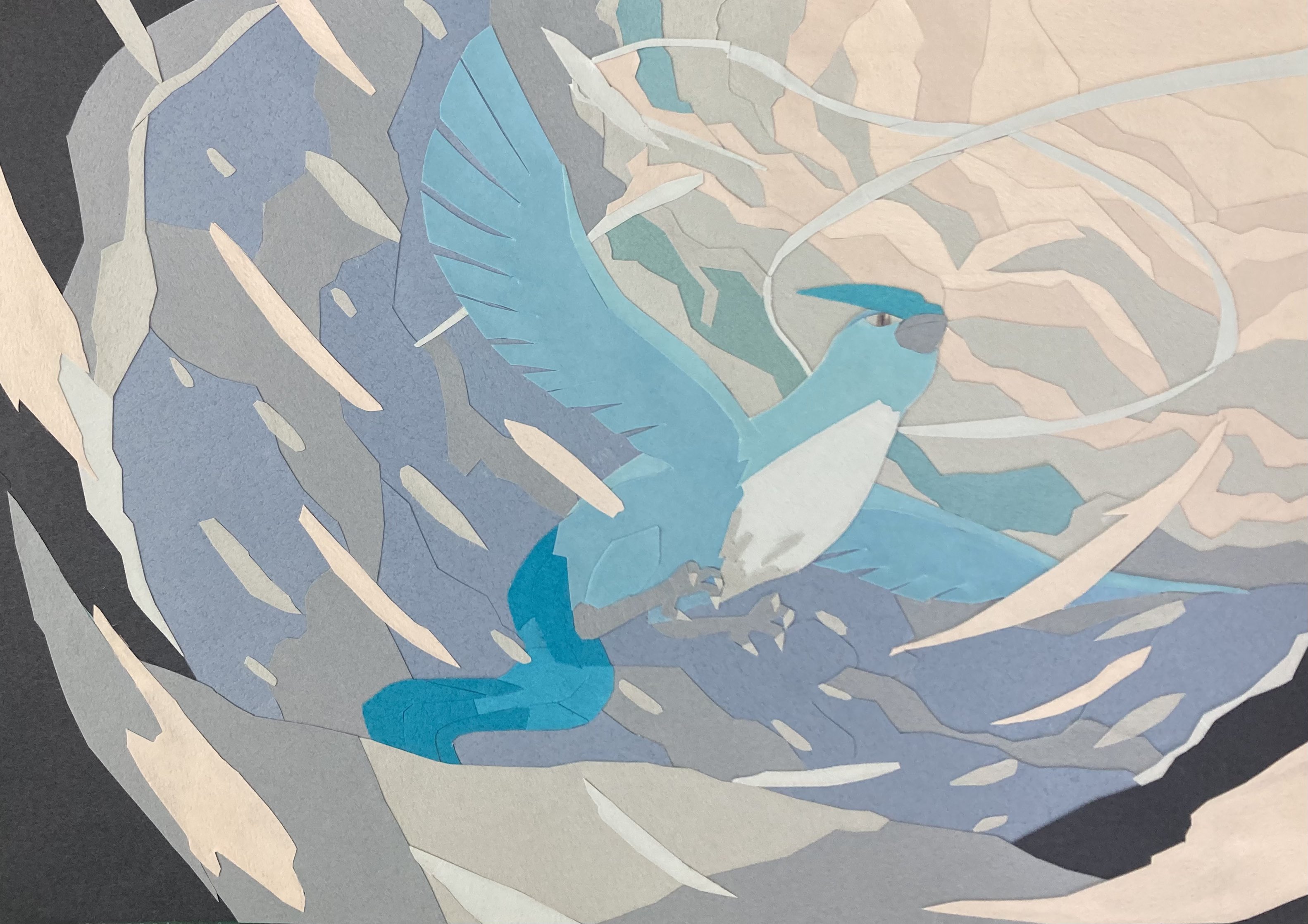tori chiritsu, articuno, nintendo, pokemon, highres, animal focus, beak, bird, brown eyes, cloud, flying, full body, gen 1 pokemon, legendary pokemon, mountain, no humans, outdoors, pokemon (creature), pokemon focus, sky, snow, snowing, solo, talons, wings
