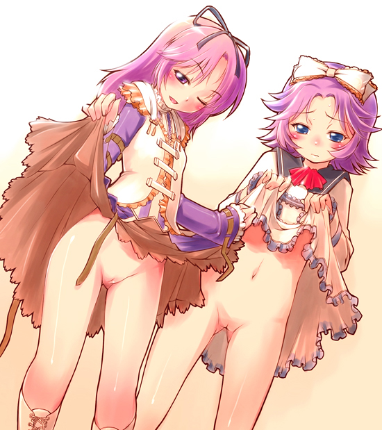 seki suzume, latooni subota, super robot wars, super robot wars original generation, blue eyes, blush, boots, clothes lift, loli, no panties, purple hair, pussy, skirt, skirt lift, uncensored