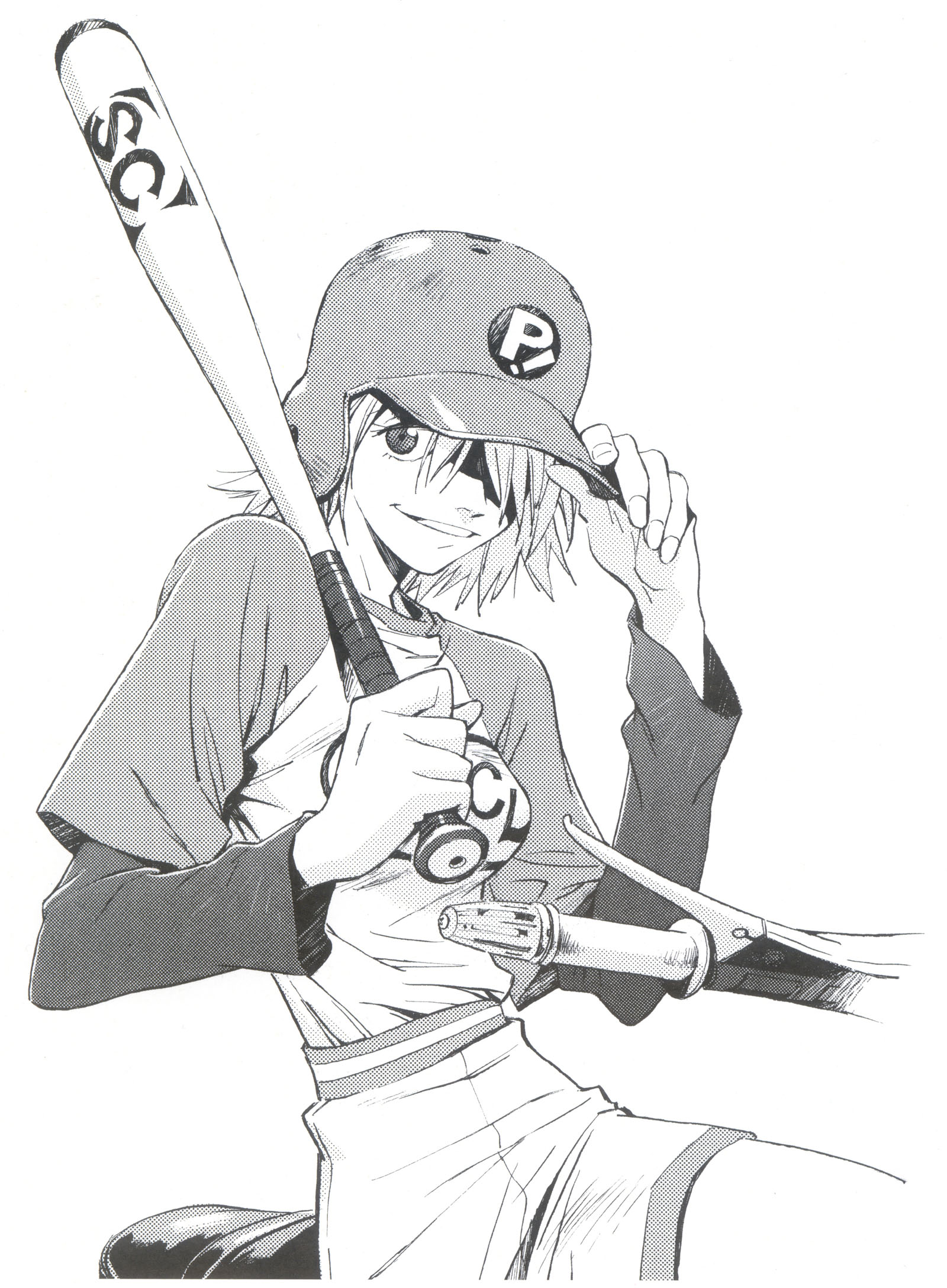 sadamoto yoshiyuki, haruhara haruko, flcl, vehicle, highres, 00s, 1girl, baseball, baseball bat, baseball helmet, female focus, greyscale, hair over one eye, hand on headwear, helmet, moire, monochrome, motor vehicle, motorcycle, scooter, solo