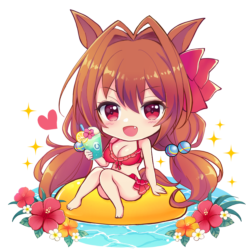 terimuku, daiwa scarlet (trifle vacation) (umamusume), daiwa scarlet (umamusume), umamusume, commentary request, 1girl, :d, animal ears, bare arms, bare legs, bare shoulders, barefoot, bikini, blush, bow, breasts, brown hair, chibi, cleavage, fang, flower, frilled bikini, frills, full body, hair between eyes, hair bobbles, hair bow, hair intakes, hair ornament, heart, horse ears, horse girl, horse tail, knees together feet apart, knees up, large breasts, long hair, looking at viewer, low twintails, open mouth, orange flower, red bikini, red bow, red eyes, red flower, sitting, smile, solo, sparkle, swimsuit, tail, twintails, very long hair, water, white background, white flower