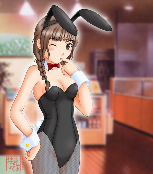 neopure, mizusawa mao, kimi kiss, 1girl, animal ears, braid, brown hair, fake animal ears, female focus, hair over shoulder, leotard, one eye closed, pantyhose, playboy bunny, rabbit ears, solo, twin braids, twintails, wink
