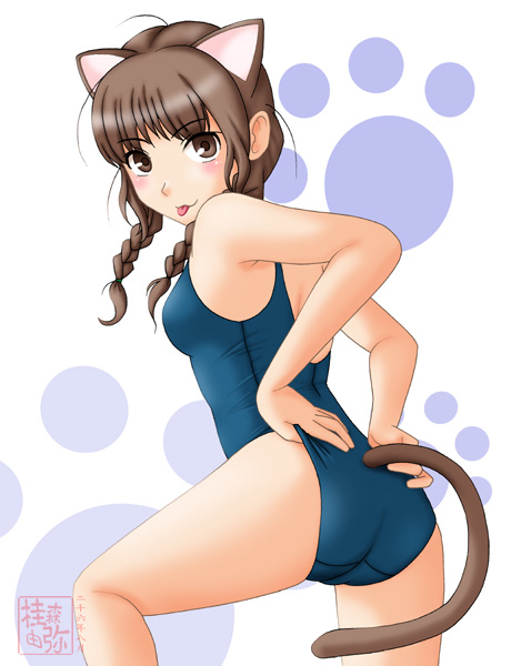 neopure, mizusawa mao, kimi kiss, 1girl, animal ears, ass, braid, brown eyes, brown hair, cat ears, cat tail, female focus, hair over shoulder, one-piece swimsuit, school swimsuit, solo, swimsuit, tail, tongue, twin braids, twintails