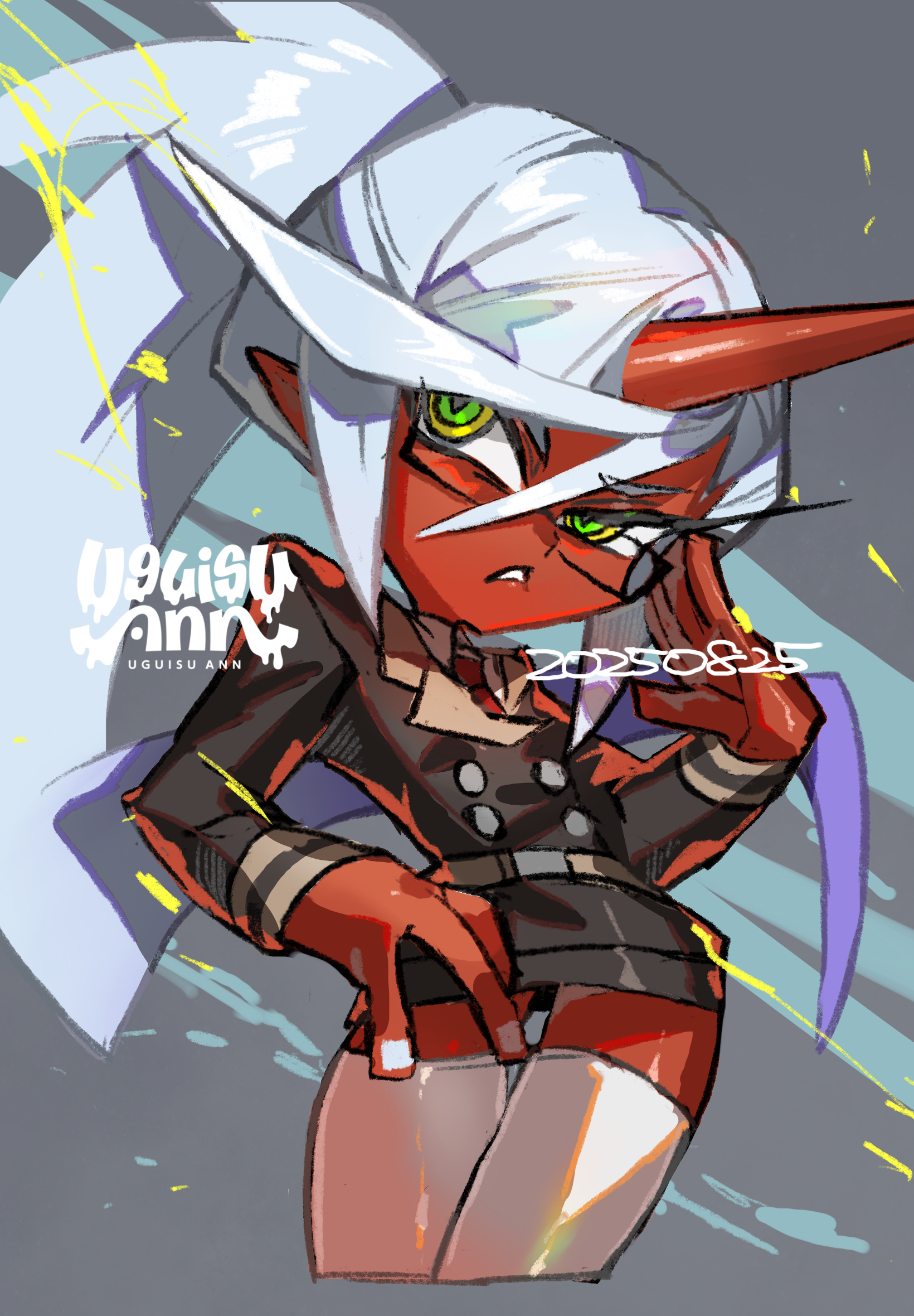 uguisu ann, kneesocks (psg), panty & stocking with garterbelt, highres, 1girl, blue hair, colored skin, demon girl, demon horns, fangs, green eyes, horns, long hair, ponytail, red skin, solo