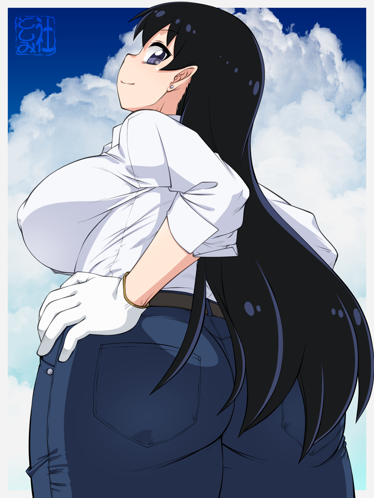 nurugamer-kouyouju, arato nagi, ruri no houseki, commentary request, highres, variant set, 1girl, ass, belt, black hair, blue pants, blue sky, border, breasts, closed mouth, cloud, cloudy sky, collared shirt, covered erect nipples, day, denim, earrings, gloves, grey border, hands on own hips, jeans, jewelry, large breasts, long hair, long sleeves, outdoors, pants, plump, purple eyes, shirt, sideways glance, signature, sky, sleeves rolled up, smile, solo, standing, stud earrings, white gloves, white shirt
