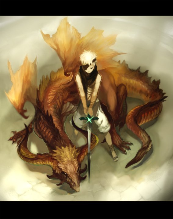 jimu kaji, kajimiya (kaji), bad id, bad pixiv id, 1boy, dragon, eyepatch, letterboxed, male focus, monster, solo, sword, weapon, white hair