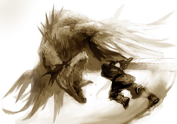 jimu kaji, kajimiya (kaji), original, bad id, bad pixiv id, 1boy, battle, dragon, fighting, huge weapon, male focus, monochrome, monster, sepia, solo, sword, weapon