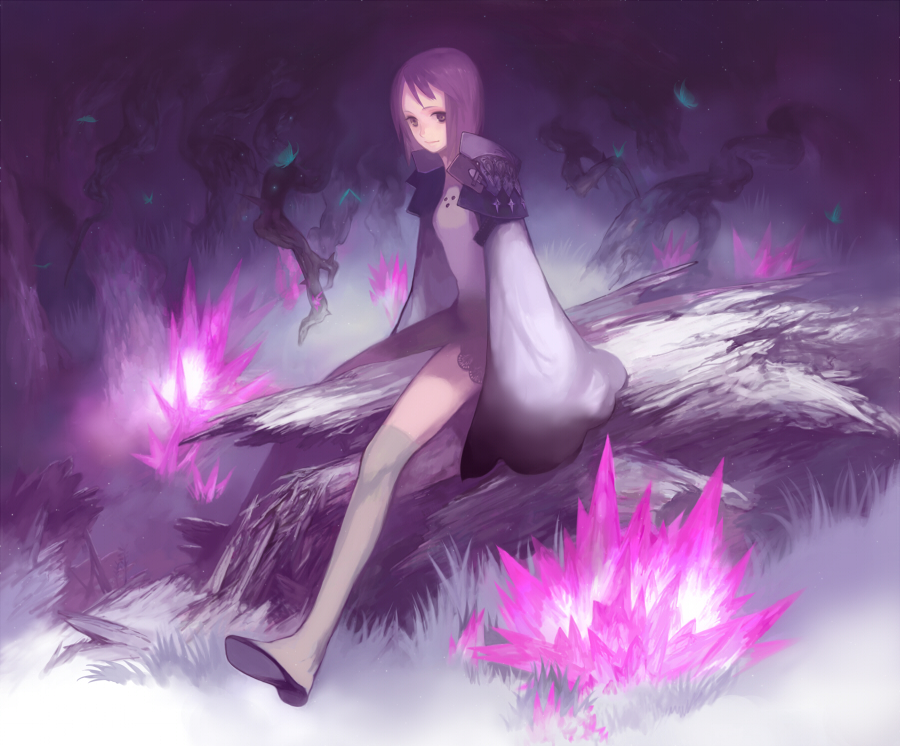 jimu kaji, kajimiya (kaji), bad id, bad pixiv id, 1girl, crystal, female focus, flower, forest, kneehighs, legs, log, long sleeves, nature, purple hair, purple theme, sitting, sitting on object, sleeves past wrists, socks, solo, tree, wide sleeves