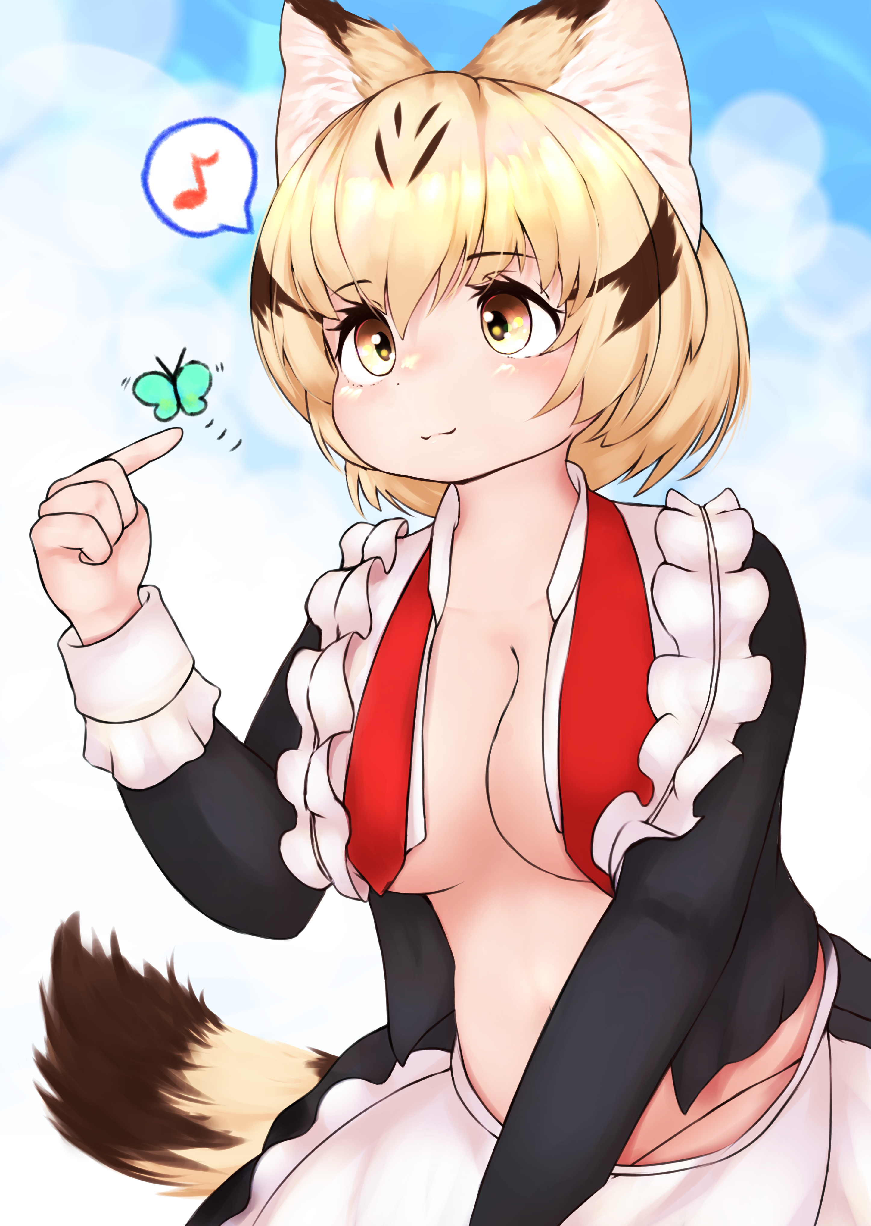 takara (takara0508), sand cat (kemono friends), kemono friends, absurdres, commentary request, highres, variant set, 1girl, animal ears, black shirt, black skirt, blonde hair, blue butterfly, blue sky, blush, breasts, bug, butterfly, butterfly on hand, cat ears, cat girl, cat tail, cleavage, closed mouth, cloud, day, insect, large breasts, lens flare, long sleeves, necktie, no bra, open clothes, open shirt, outdoors, red necktie, shirt, short hair, skirt, sky, smile, solo, tail, undone necktie, yellow eyes