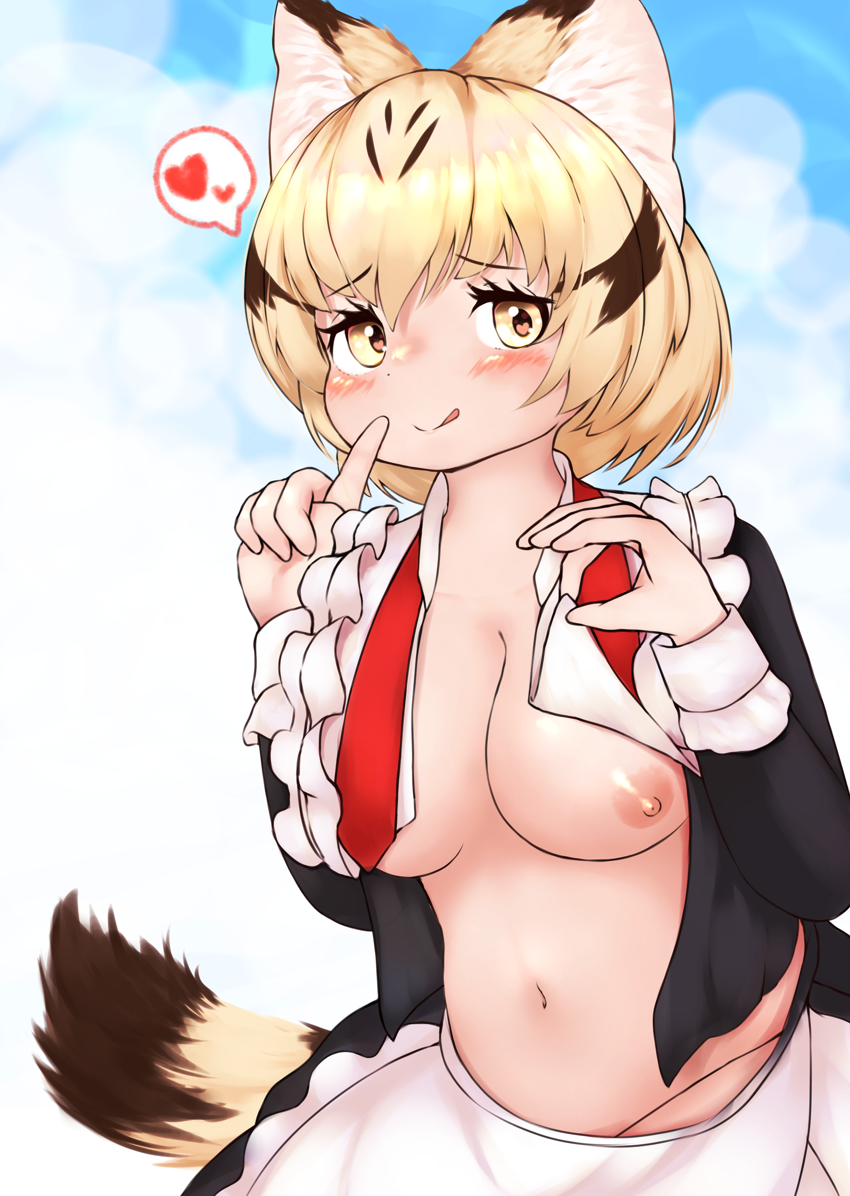 takara (takara0508), sand cat (kemono friends), kemono friends, absurdres, commentary request, highres, variant set, 1girl, :q, animal ears, black shirt, black skirt, blonde hair, blue sky, blush, breasts, cat ears, cat girl, cat tail, cleavage, closed mouth, clothes lift, cloud, day, heart, index finger raised, large breasts, lens flare, lifting own clothes, long sleeves, navel, necktie, nipples, no bra, ok sign, open clothes, open shirt, outdoors, red necktie, shirt, shirt lift, short hair, skirt, sky, smile, solo, spoken heart, tail, tongue, tongue out, undone necktie, yellow eyes