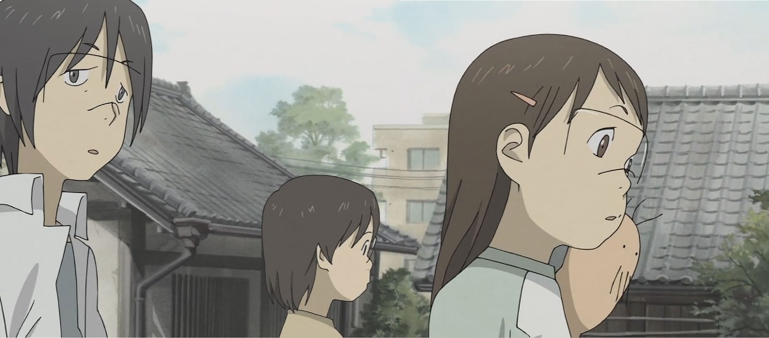 harakawa ken'ichi, hashimoto fumie, okonogi yuuko, oyaji (dennou coil), dennou coil, looking away, highres, 00s, 1boy, 1other, 2girls, black hair, brown hair, cloud, collared shirt, creature, creature on shoulder, day, glasses, goggles, hair ornament, hairclip, house, long hair, multiple girls, on shoulder, outdoors, parted lips, raglan sleeves, roof, shirt, short hair, sky, standing, tree, upper body, white shirt