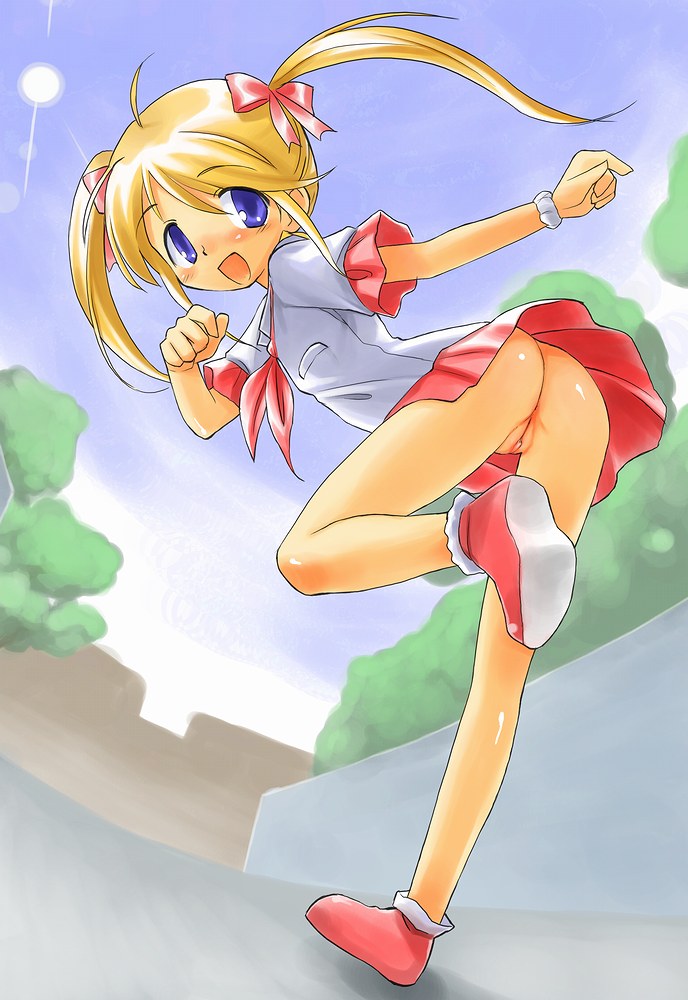 tatata, nagatsuki yuuri, original, source request, 1girl, ass, blonde hair, blue eyes, blush, cleft of venus, clitoris, female focus, loli, no panties, pussy, ribbon, school uniform, serafuku, skirt, solo, twintails, uncensored