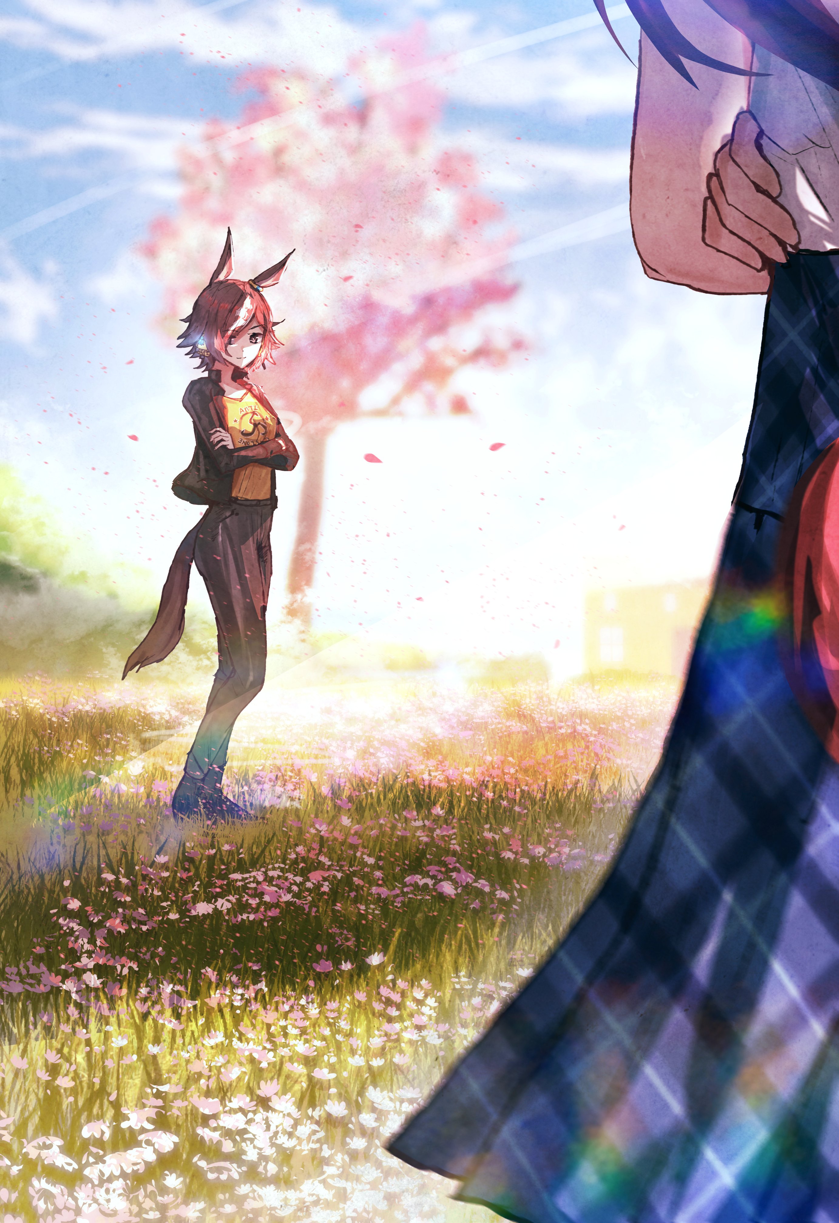 advarcher, daiwa scarlet (umamusume), vodka (umamusume), umamusume, absurdres, highres, 2girls, animal ears, black jacket, black pants, blue skirt, blue sky, breasts, brown eyes, brown hair, cherry blossoms, closed mouth, cloud, crossed arms, ear ornament, falling petals, field, flower, grass, hair over one eye, horse ears, horse girl, horse tail, jacket, long hair, long skirt, long sleeves, multicolored hair, multiple girls, open clothes, open jacket, outdoors, pants, petals, ponytail, real world location, shirt, skirt, sky, smile, solo focus, sunlight, tail, tree, white hair, white shirt, yellow shirt