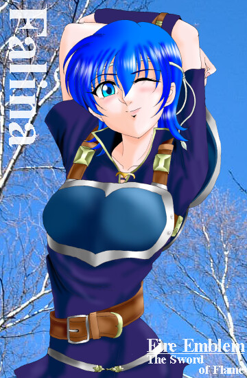 hissaa (starlight express), farina (fire emblem), fire emblem, fire emblem: the blazing blade, nintendo, pegasus knight uniform (fire emblem), bad id, 1girl, armor, belt, blue armor, blue eyes, blue hair, blush, character name, copyright name, female focus, gloves, matching hair/eyes, one eye closed, short hair, single glove, solo, tree, wink