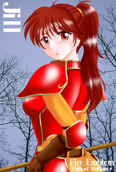 hissaa (starlight express), jill (fire emblem), fire emblem, fire emblem: path of radiance, fire emblem: radiant dawn, nintendo, bad id, 1girl, armor, belt, character name, copyright name, female focus, gloves, long hair, polearm, ponytail, red armor, red eyes, red hair, solo, spear, weapon, wyvern rider