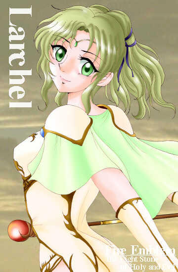 hissaa (starlight express), l'arachel (fire emblem), fire emblem, fire emblem: the sacred stones, nintendo, bad id, 1girl, aqua capelet, cape, capelet, character name, circlet, copyright name, female focus, gloves, green eyes, green hair, matching hair/eyes, ponytail, princess, solo, staff