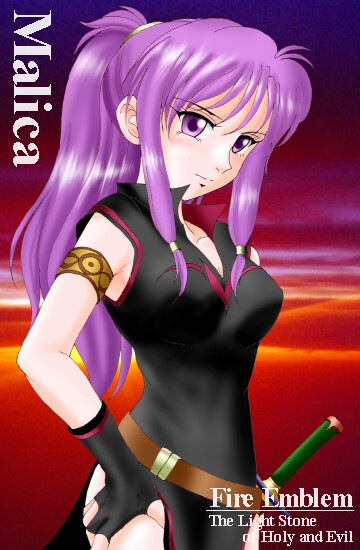 hissaa (starlight express), marisa (fire emblem), fire emblem, fire emblem: the sacred stones, nintendo, bad id, 1girl, armband, armlet, blush, character name, copyright name, female focus, fingerless gloves, gloves, hand on own hip, hip focus, jewelry, katana, long hair, ponytail, purple eyes, purple hair, serious, side slit, solo, sword, weapon