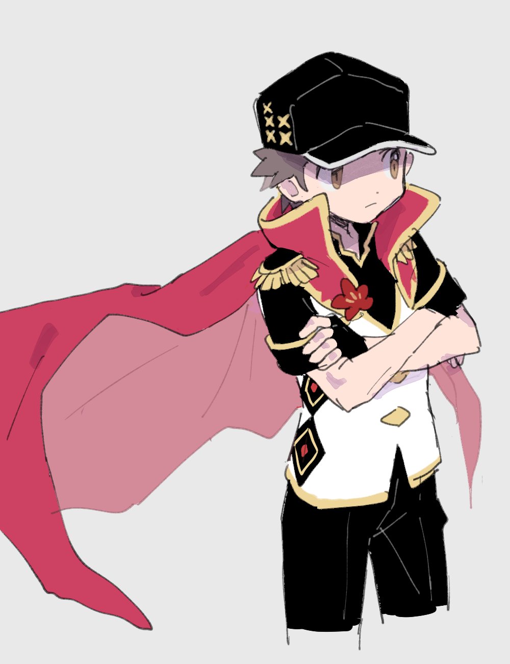 pumpkinpan, red (pokemon), nintendo, pokemon, pokemon masters ex, highres, 1boy, black gloves, black hat, black shirt, brown eyes, brown hair, cape, closed mouth, crossed arms, epaulettes, fingerless gloves, gloves, hat, official alternate costume, popped collar, red (anniversary 2025) (pokemon), red cape, shirt, short hair, short sleeves, simple background, solo, vest, white vest