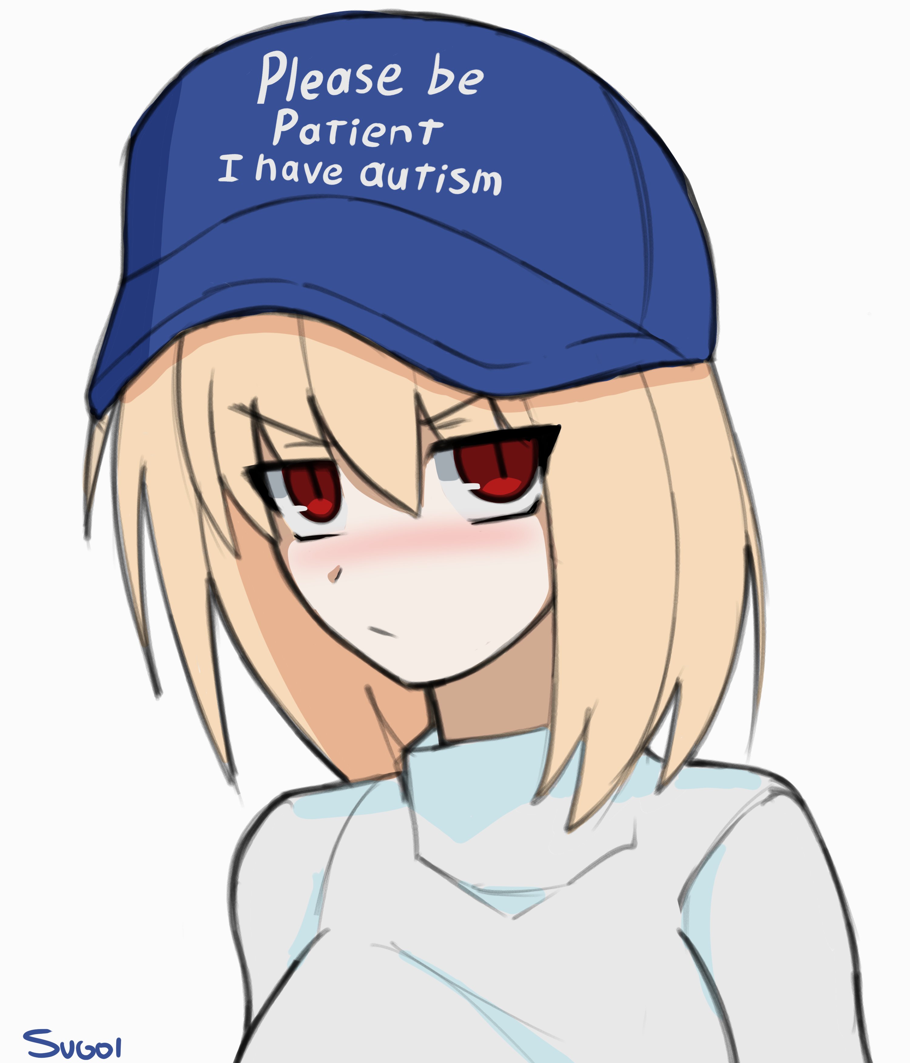 arcueid brunestud, tsukihime, absurdres, hashtag-only commentary, highres, 1girl, angry, blonde hair, blue hat, blush, hat, looking at viewer, meme, please be patient i have autism (meme), pout, red eyes, short hair, sugoiiii, sweater, turtleneck, turtleneck sweater, white background, white sweater