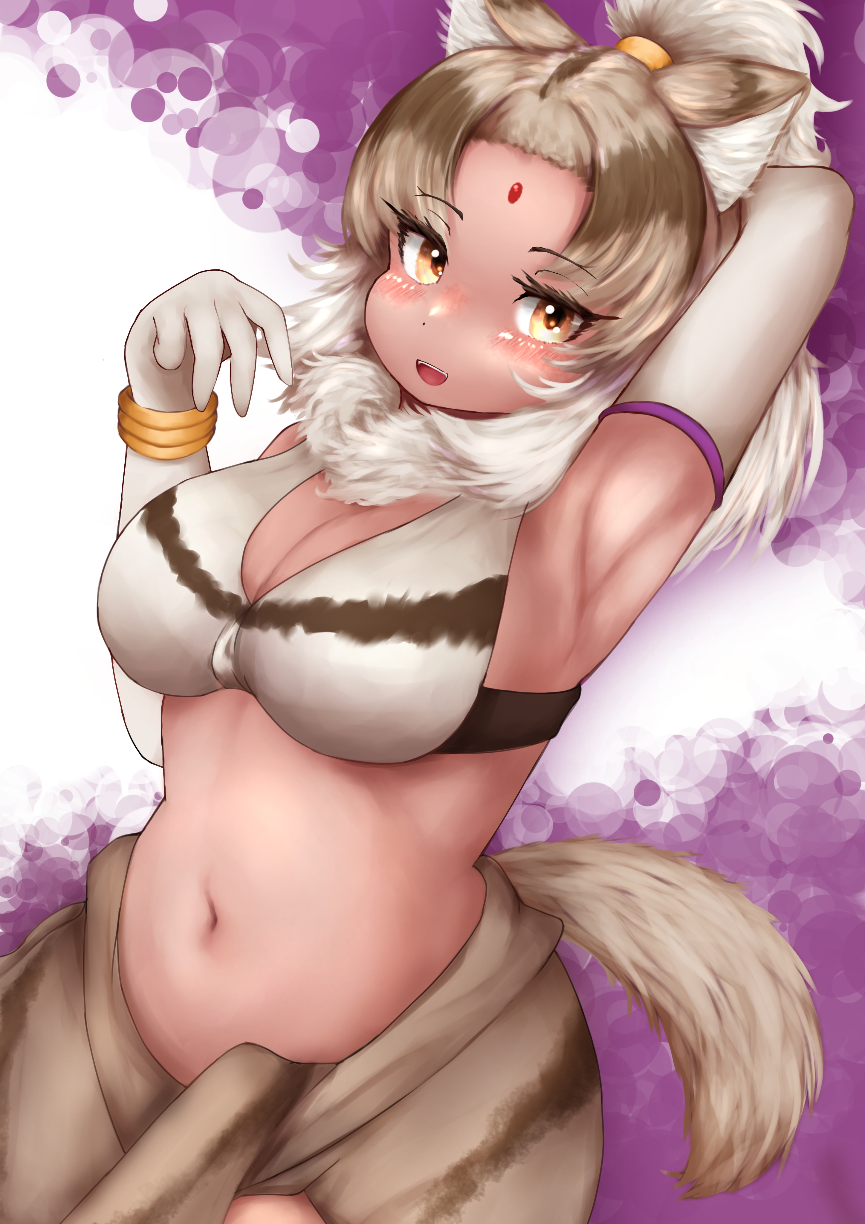takara (takara0508), indian wolf (kemono friends), kemono friends, absurdres, commentary request, highres, 1girl, animal ear fluff, animal ears, arm behind head, arm up, armpits, bikini, blush, breasts, brown hair, brown sarong, cowboy shot, detached collar, elbow gloves, eyelashes, forehead jewel, fur collar, gloves, hand up, high ponytail, large breasts, looking at viewer, medium hair, multicolored hair, navel, ponytail, purple background, sarong, shiny skin, solo, stomach, sweat, swimsuit, symbol-shaped pupils, tail, tan, two-tone hair, white bikini, white gloves, white hair, wolf ears, wolf girl, wolf tail, yellow eyes