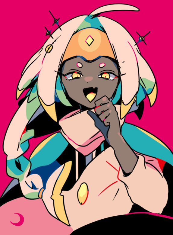 mizuki tsukimori, sky: children of the light, character request, commentary request, 1girl, ahoge, braid, cape, colored skin, colored tongue, fang, grey skin, long hair, long sleeves, looking at viewer, open mouth, pink background, shirt, simple background, skin fang, solo, sparkle, white hair, white shirt, yellow eyes, yellow tongue