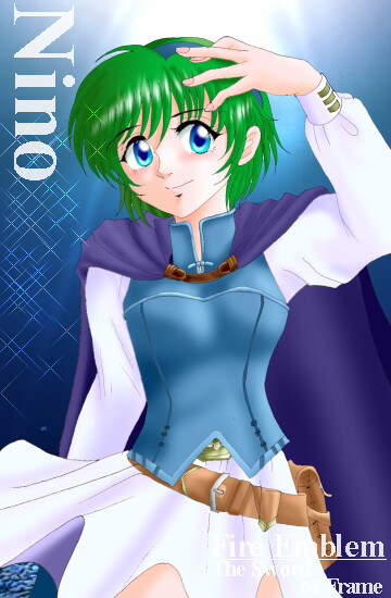 hissaa (starlight express), nino (fire emblem), fire emblem, fire emblem: the blazing blade, nintendo, bad id, 1girl, blue eyes, cape, character name, copyright name, female focus, green hair, hairband, short hair, skirt, solo