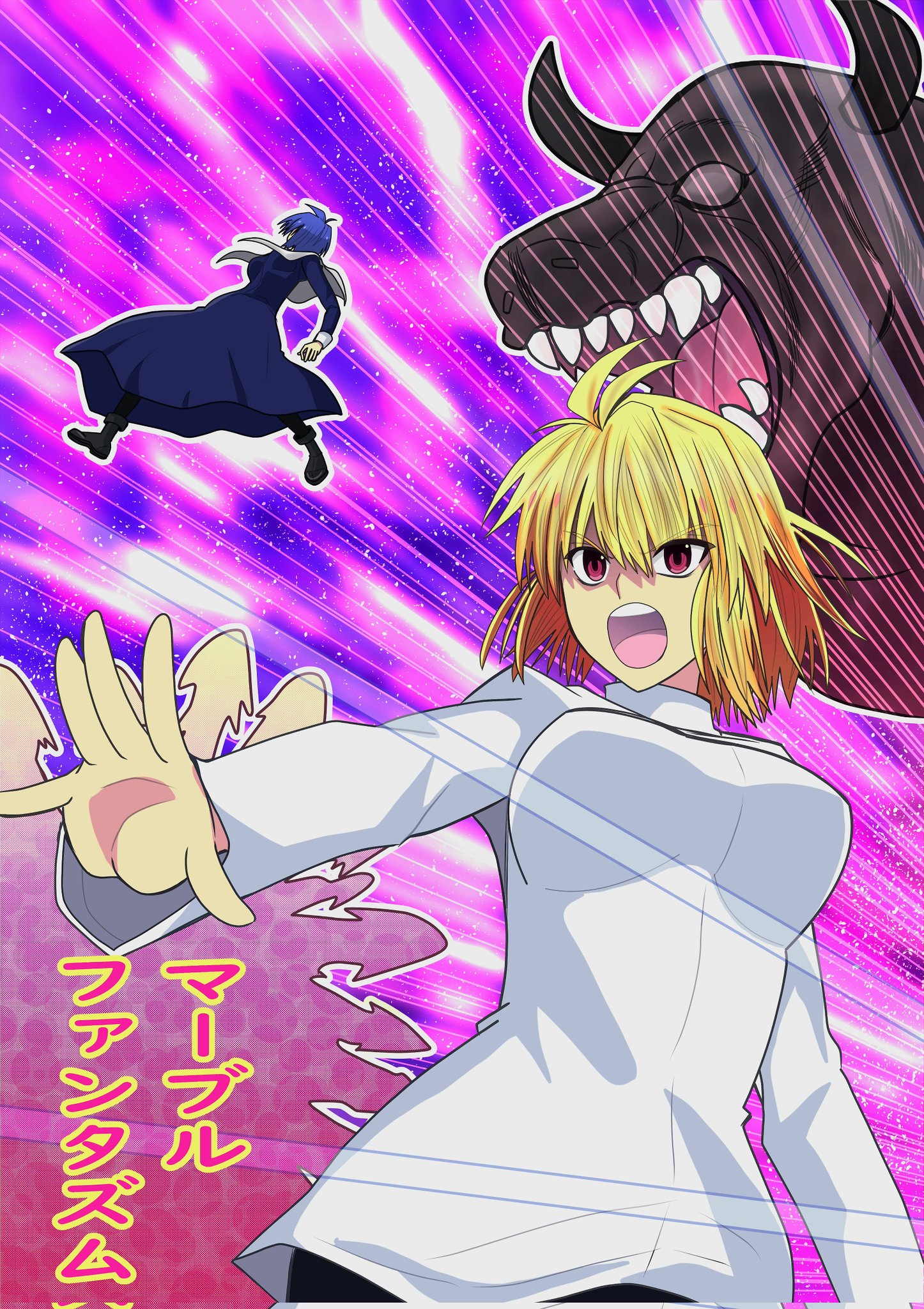 masatoshi ikeda (uug28aiuopy2six), arcueid brunestud, ciel (tsukihime), tsukihime, tsukihime (remake), highres, 2girls, ahoge, angry, battle, blonde hair, blue hair, breasts, floating, floating clothes, floating hair, hair between eyes, large breasts, looking at another, marble phantasm, monster, multiple girls, nun, open mouth, outstretched hand, red eyes, short hair, sweater, tunic, turtleneck, turtleneck sweater, wing collar