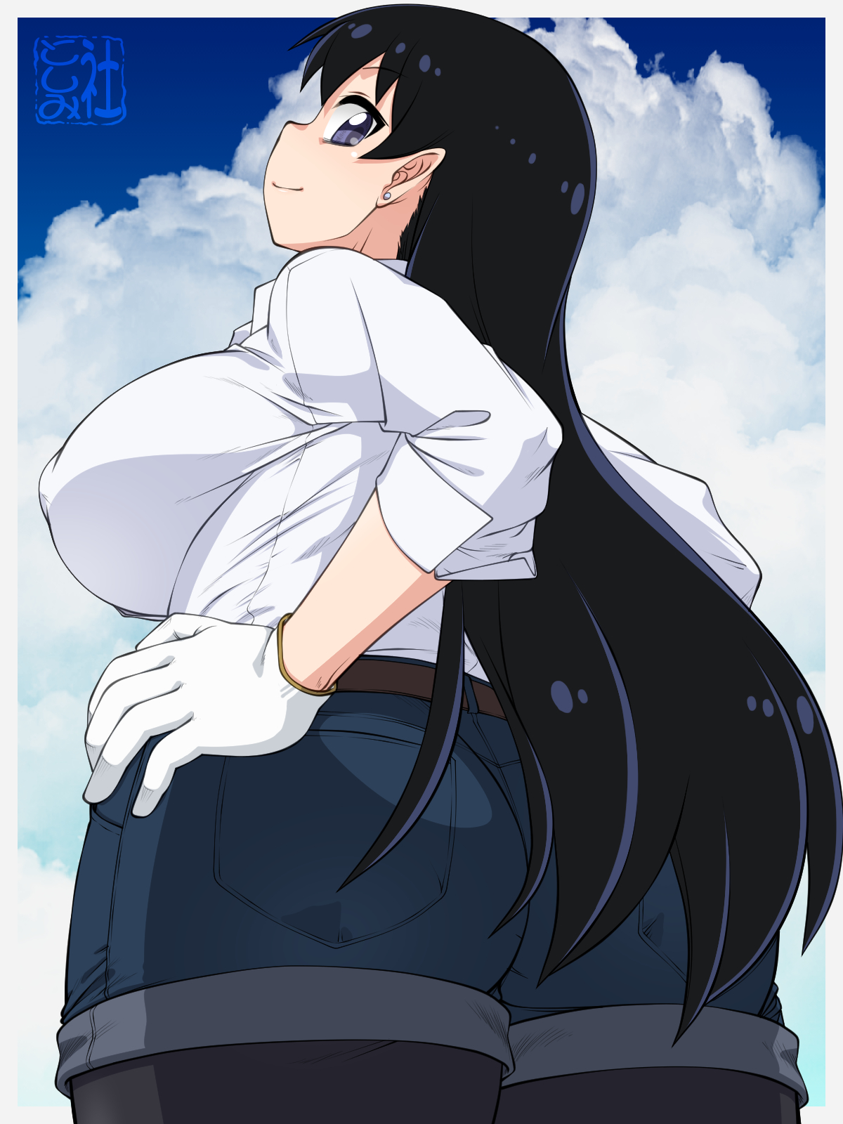 nurugamer-kouyouju, arato nagi, ruri no houseki, commentary request, highres, variant set, 1girl, ass, belt, black hair, black pantyhose, blue shorts, blue sky, border, breasts, closed mouth, cloud, cloudy sky, collared shirt, covered erect nipples, day, denim, denim shorts, earrings, gloves, grey border, hands on own hips, jewelry, large breasts, long hair, outdoors, pantyhose, plump, purple eyes, shirt, shorts, sideways glance, signature, sky, smile, solo, standing, stud earrings, white gloves, white shirt