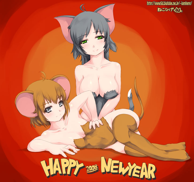 nekohige, jerry (tom and jerry), tom, tom and jerry, fur, gender request, 00s, 2008, 2girls, ahoge, animal ears, animification, antenna hair, blush, breasts, brown hair, brown thighhighs, cat ears, cat girl, cat tail, cleavage, costume, female focus, genderswap, green eyes, grey eyes, grey hair, hand on own hip, hip focus, large breasts, leotard, lying, mouse ears, mouse tail, multiple girls, new year, on side, personification, short hair, sitting, small breasts, smile, strapless, strapless leotard, tail, thighhighs