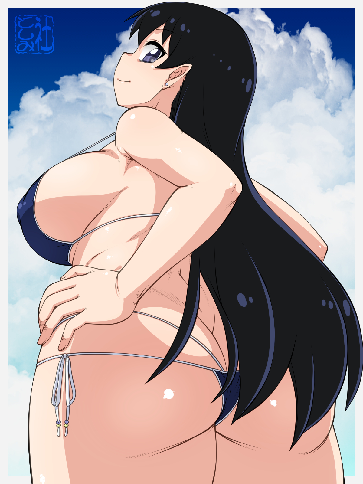 nurugamer-kouyouju, arato nagi, ruri no houseki, commentary request, highres, variant set, 1girl, ass, bikini, black hair, blue bikini, blue sky, border, breasts, butt crack, closed mouth, cloud, cloudy sky, covered erect nipples, day, earrings, grey border, hands on own hips, jewelry, large breasts, long hair, outdoors, plump, purple eyes, side-tie bikini bottom, sideboob, sideways glance, signature, sky, smile, solo, standing, string bikini, stud earrings, swimsuit