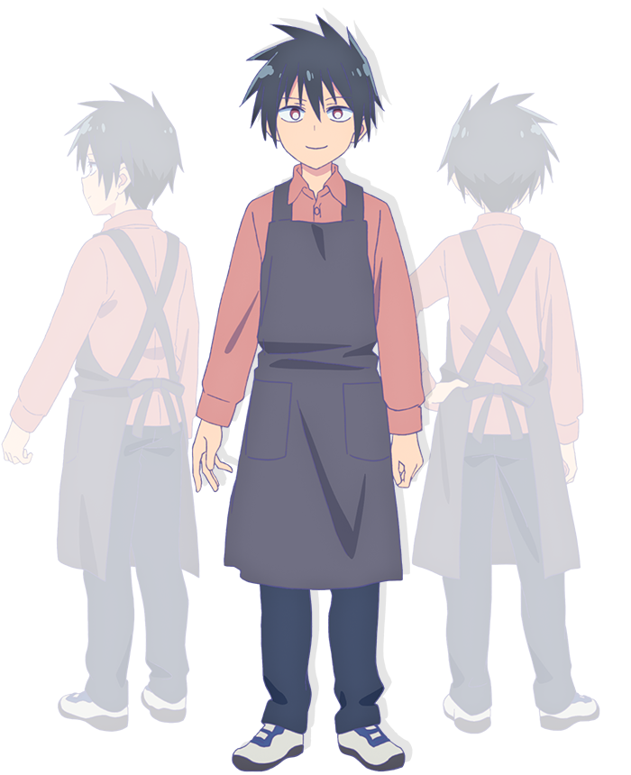 okano rikiya, kusakabe renji, game center shoujo to ibunka kouryuu, official art, 3boys, anime coloring, apron, back, black hair, brown apron, brown hair, brown shoes, closed mouth, collared shirt, from behind, from side, full body, grey pants, hair between eyes, hand on own hip, long sleeves, looking at viewer, multiple boys, multiple views, pants, shirt, shoes, short hair, simple background, smile, spiked hair, standing, transparent background, white shoes