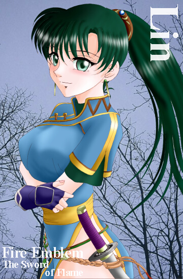 hissaa (starlight express), lyn (fire emblem), fire emblem, fire emblem: the blazing blade, nintendo, bad id, 1girl, breasts, character name, copyright name, crossed arms, earrings, female focus, fingerless gloves, gloves, green eyes, green hair, jewelry, katana, long hair, matching hair/eyes, ponytail, side slit, solo, sword, tree, weapon